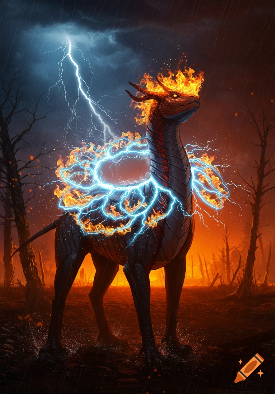 A powerful, dark, reptilian creature with a giraffe-like neck stands in a stormy, barren landscape, engulfed in blue lightning and orange flames.