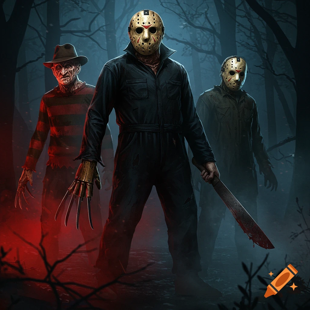 Freddy Krueger, Jason Voorhees, and another masked killer stand in a dark, misty forest with red and blue lighting.