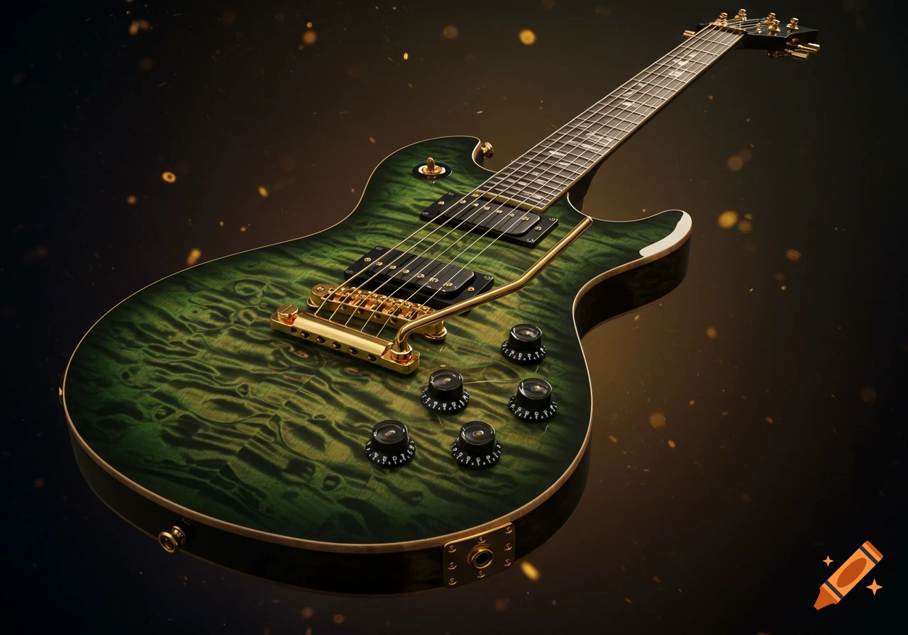A detailed close-up of a green electric guitar with a quilted maple top and gold hardware, against a dark, sparkling background.
