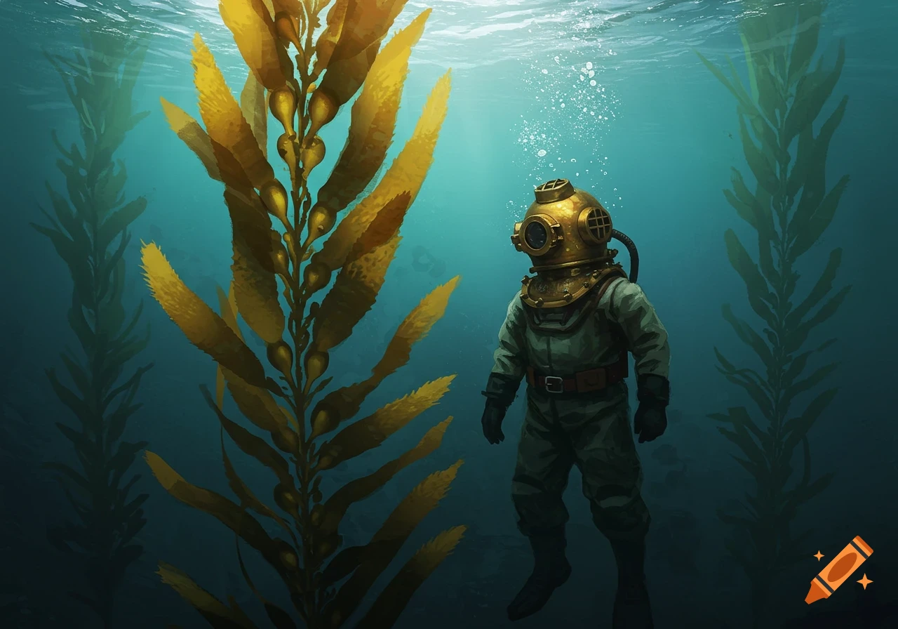 An old-school diver in a bronze helmet and green suit floats in an underwater scene next to a tall, golden kelp plant, with light filtering from the surface.