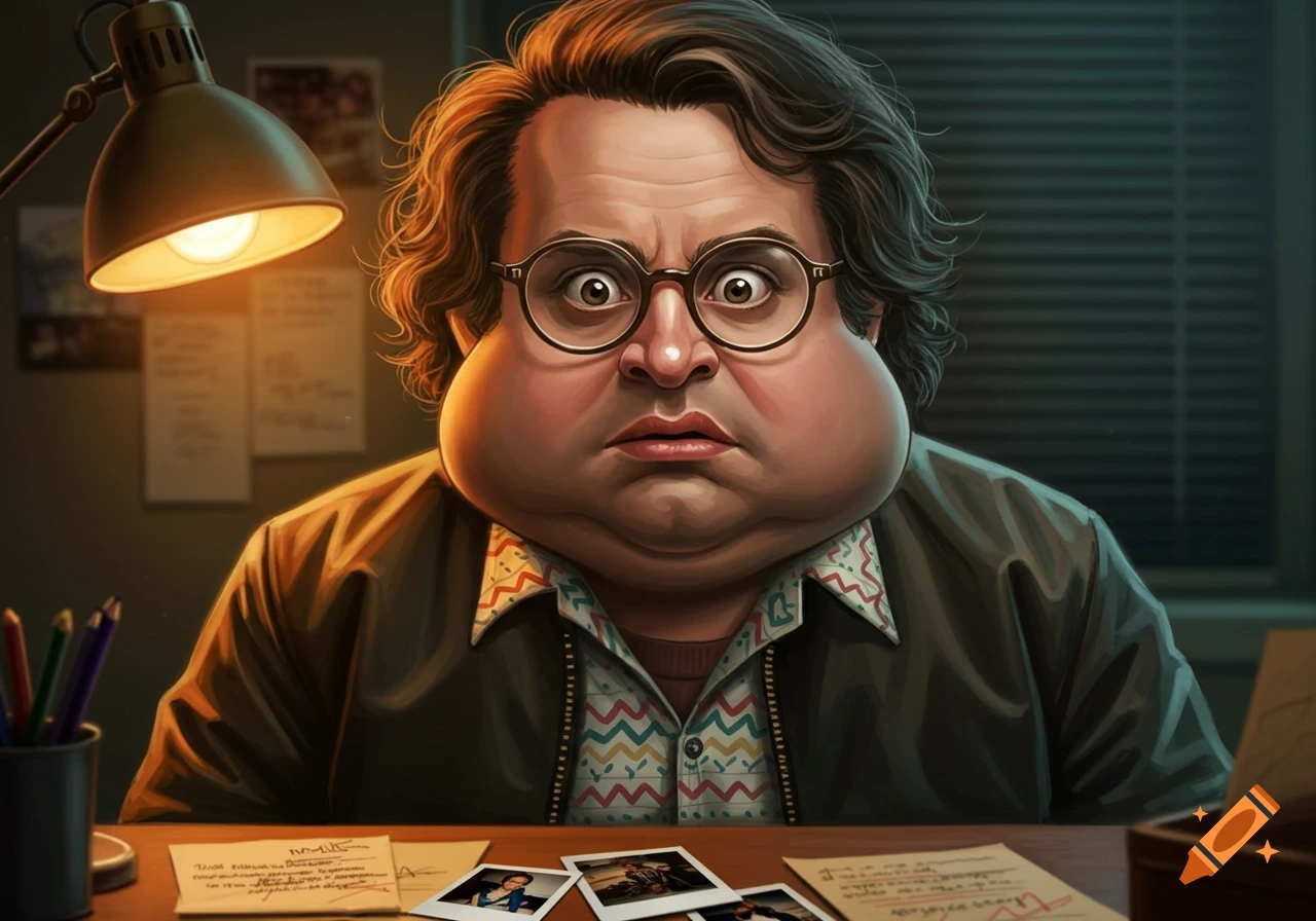 A stylized caricature of Murray Bauman from Stranger Things with an exaggerated, plump face and wide eyes, wearing glasses and a patterned shirt, sitting at a desk under a bright lamp.