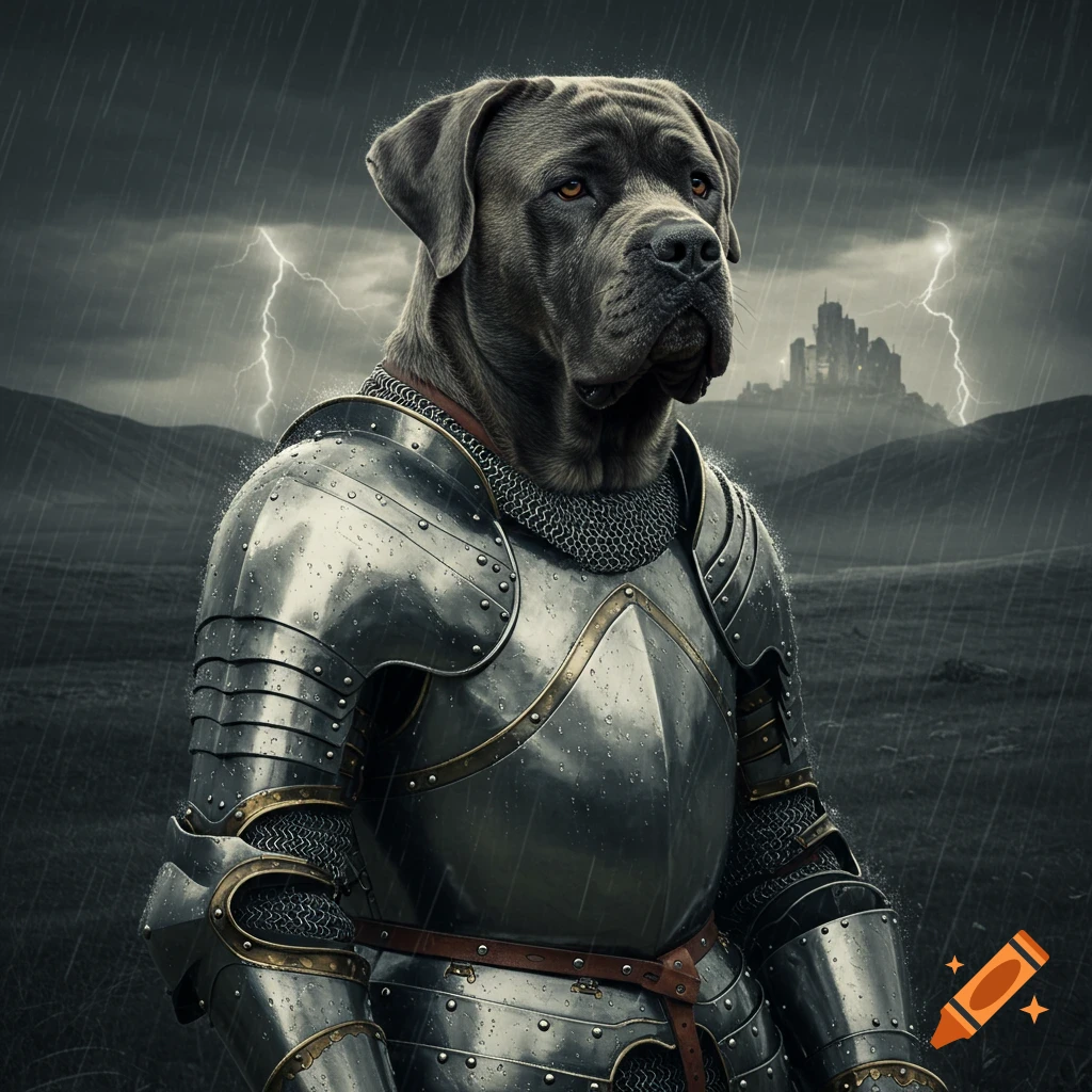 A realistic large gray dog wearing knight armor stands in the rain with lightning in the sky and a castle in the background.