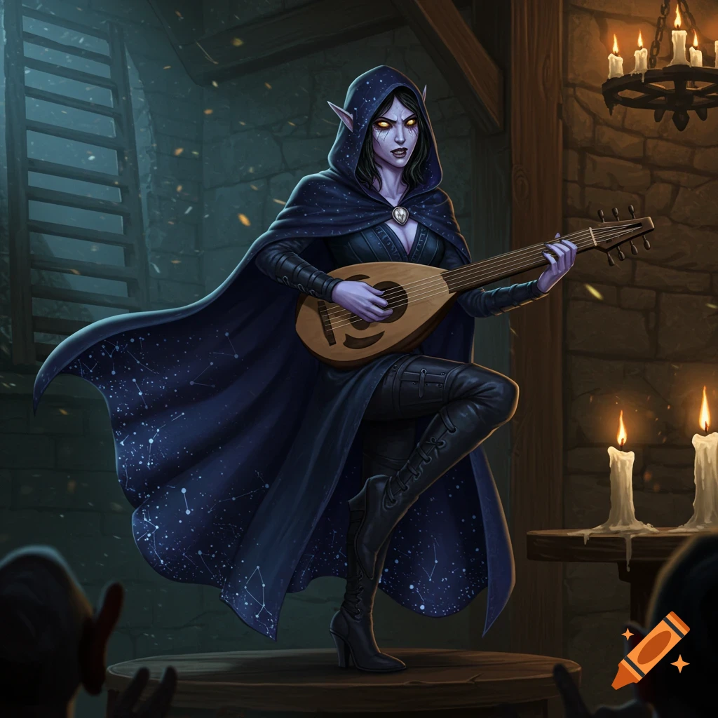 A purple-skinned female elf-like bard with glowing eyes plays a lute in a dimly lit stone tavern. She wears a starry, hooded cloak.