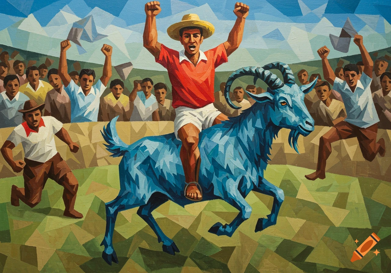 A man in a red shirt and straw hat rides a blue goat, raising his arms in triumph, cheered by a crowd of people, in a cubist painting style.