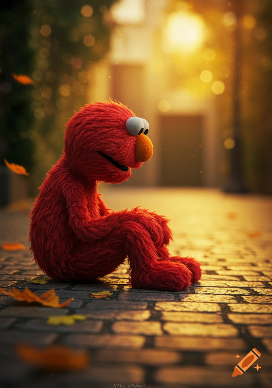 Elmo sits sadly on a cobblestone street with fallen leaves in warm autumn sunlight.
