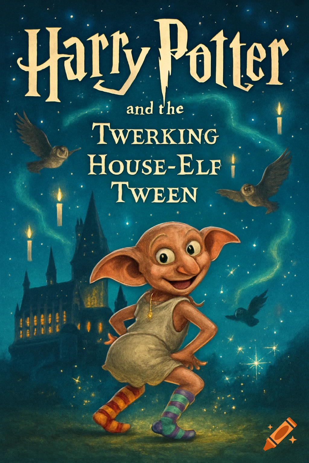 Illustrated book cover, 'Harry Potter and the Twerking House-Elf Tween', depicting Dobby twerking with Hogwarts in the background.