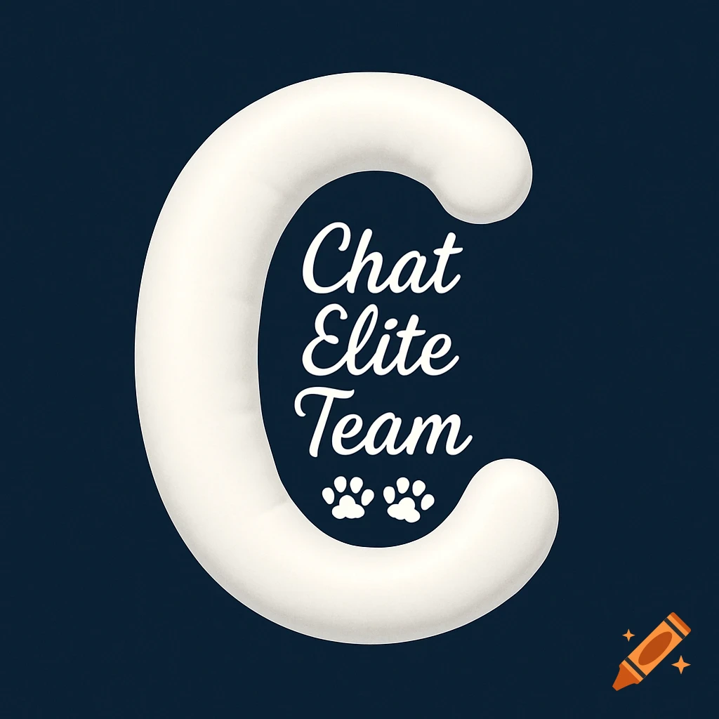 A white puffy letter C with the words 'Chat Elite Team' and two paw prints, all on a navy blue background.