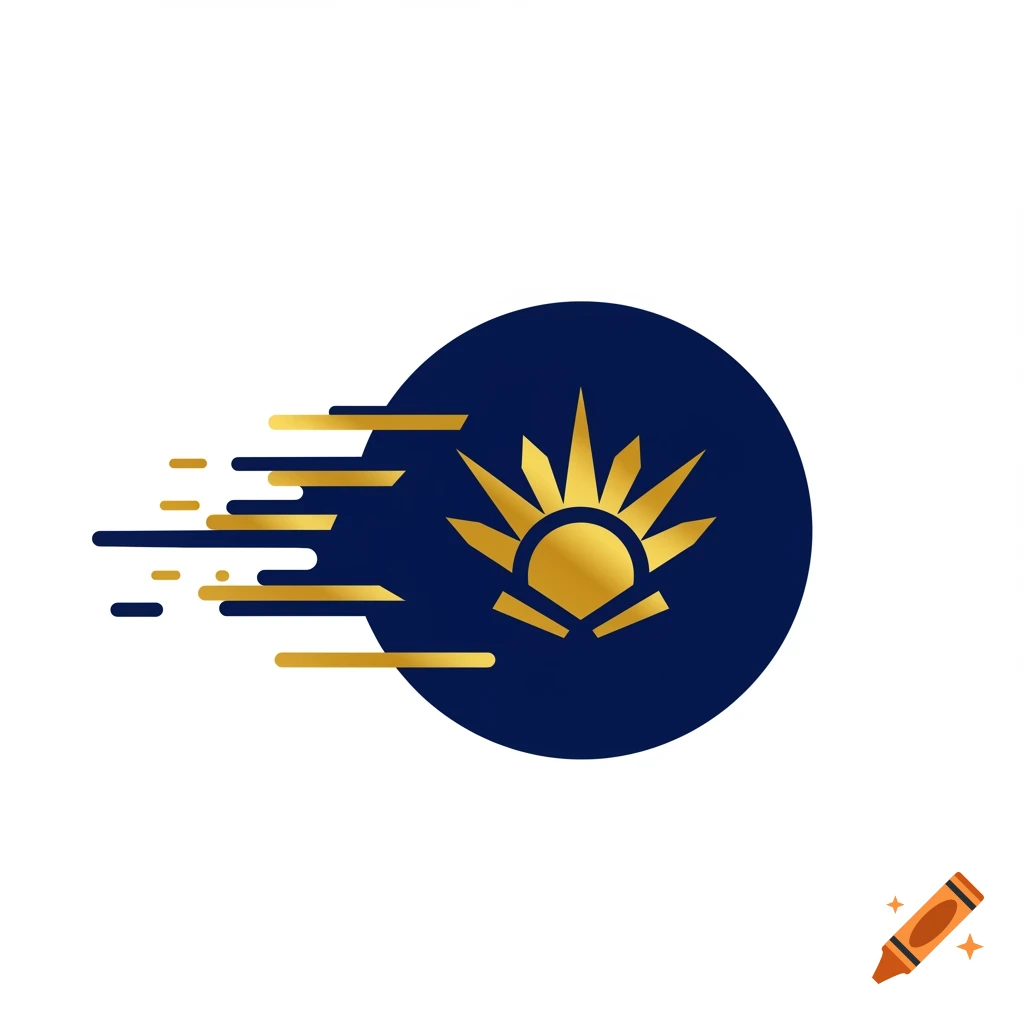 A dark blue circle with a gold rising sun emblem in the center, radiating gold and blue motion lines from its left side.