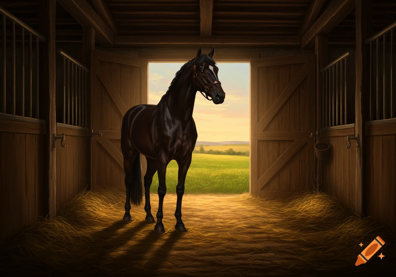 A dark-coated horse stands in the sunlit opening of a wooden barn, looking out at green fields under a clear sky.