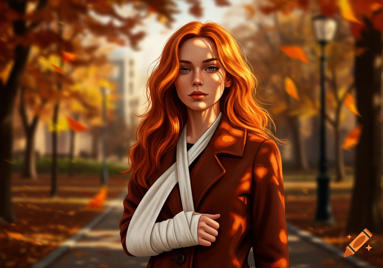 A red-haired woman in a brown coat with her arm in a white sling stands in an autumn park with falling leaves. Digital illustration.