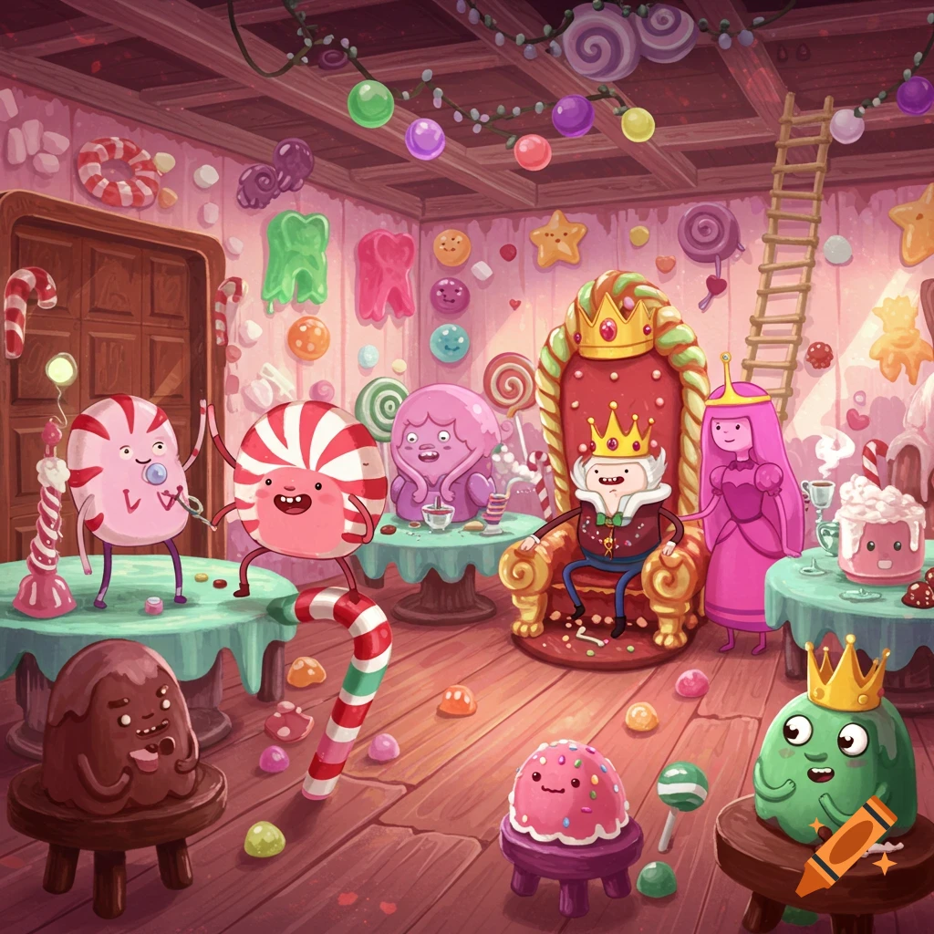 Adventure Time characters like Ice King and Princess Bubblegum with candy folk in a vibrant candy room, cartoon style.