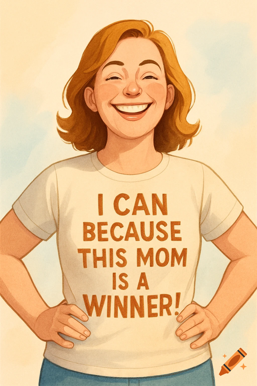 A smiling white woman in a white t-shirt reading 'I CAN BECAUSE THIS MOM IS A WINNER!' stands confidently, digital illustration.