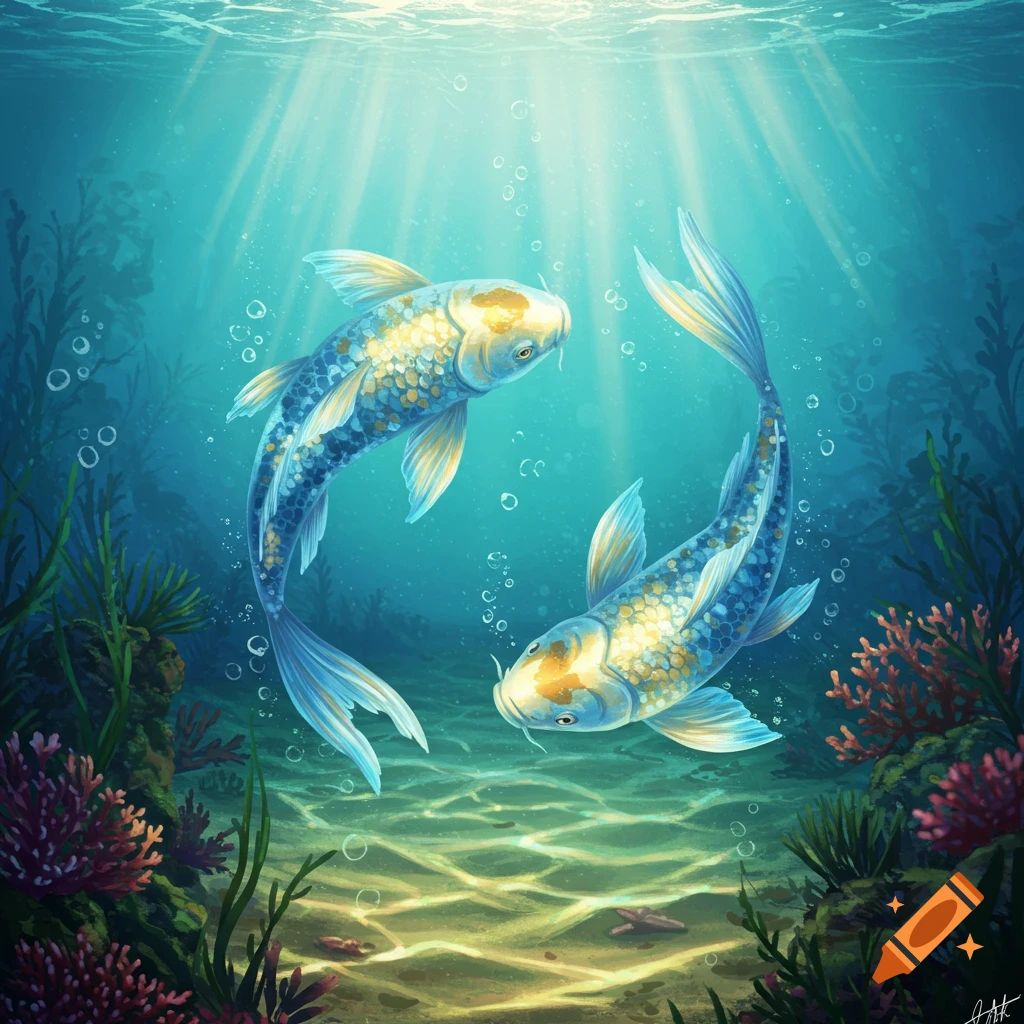 Two stylized blue and gold koi fish swim gracefully in a clear, light-filled underwater scene with bubbles, coral, and seaweed.