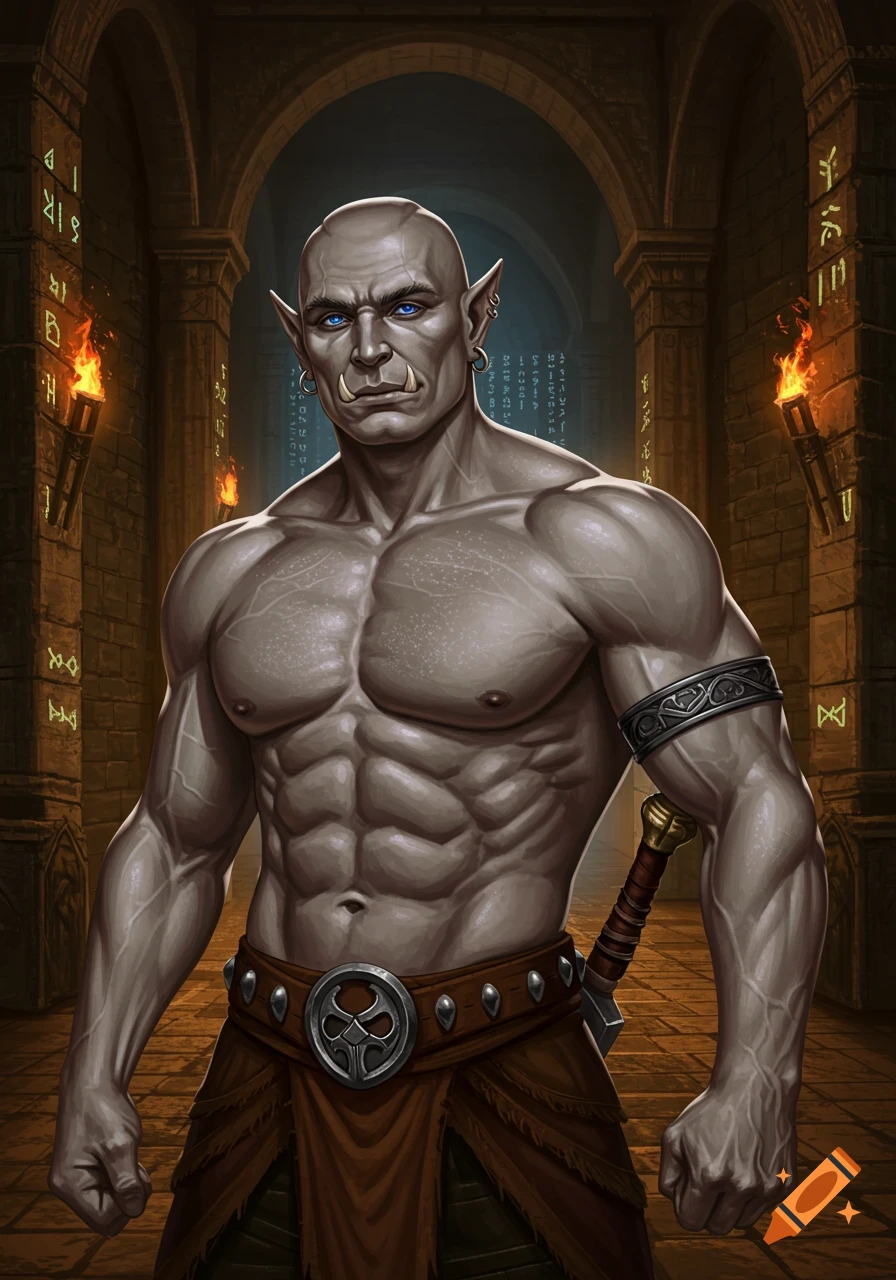 A muscular, bald half-orc barbarian with light gray skin and blue eyes stands in a torchlit dungeon.