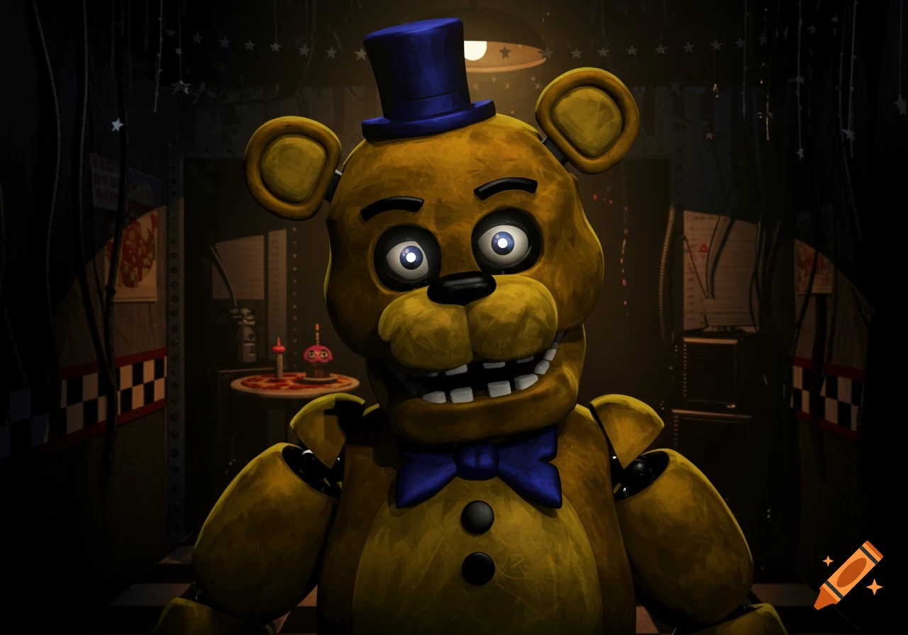 A yellow animatronic bear with a blue top hat and bow tie in a dark, creepy room.