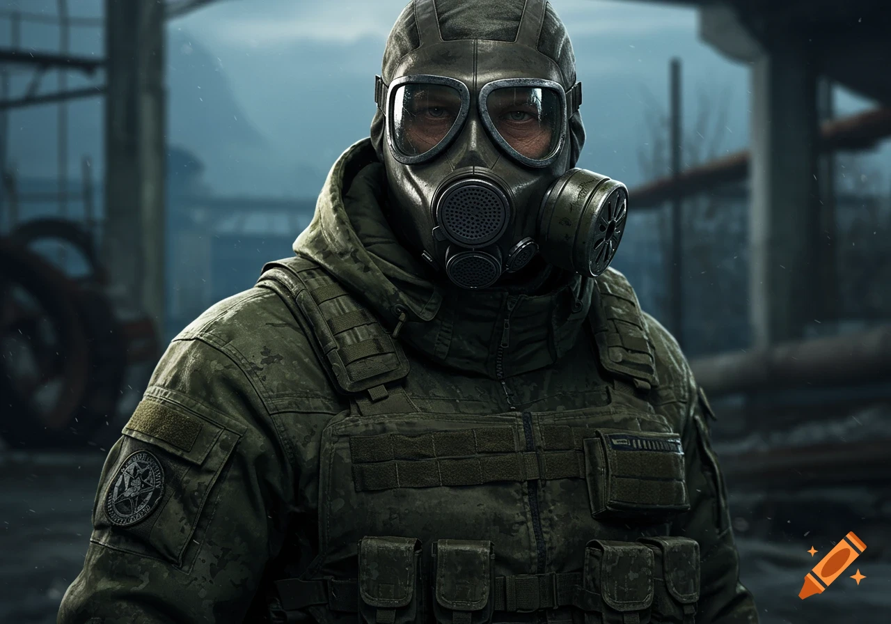 A man in a military-style camouflage jacket and gas mask stands in a ruined, industrial setting. Photorealistic style.
