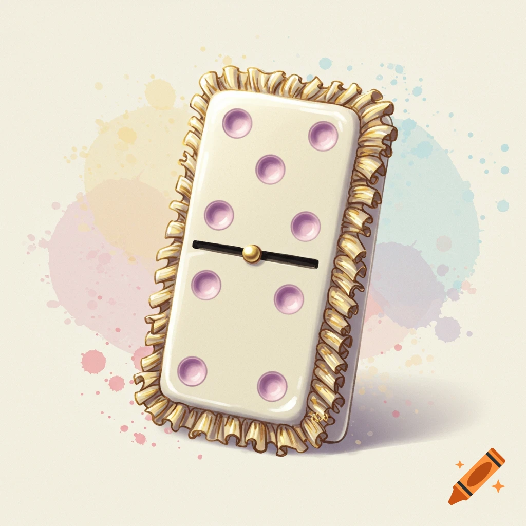 A stylized white domino with pink dots and a golden frilly fringe sits on a soft watercolor-splattered background.