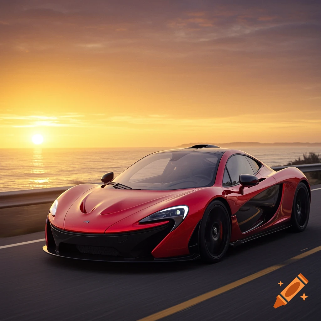 A red McLaren P1 sports car drives along a coastal road at sunset, with the sun low over the ocean.