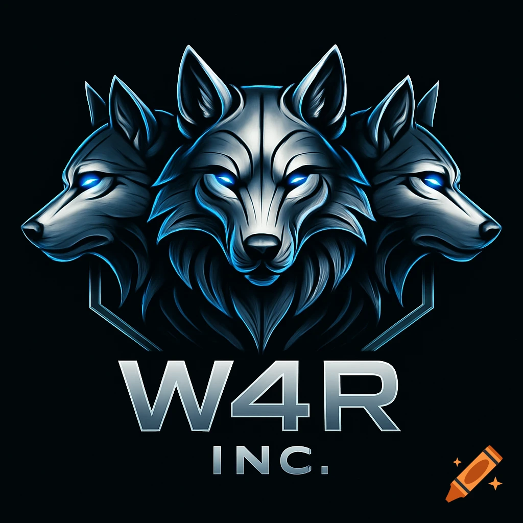 A logo featuring three stylized wolf heads with glowing blue eyes. The text 'W4R INC.' is below the wolves.