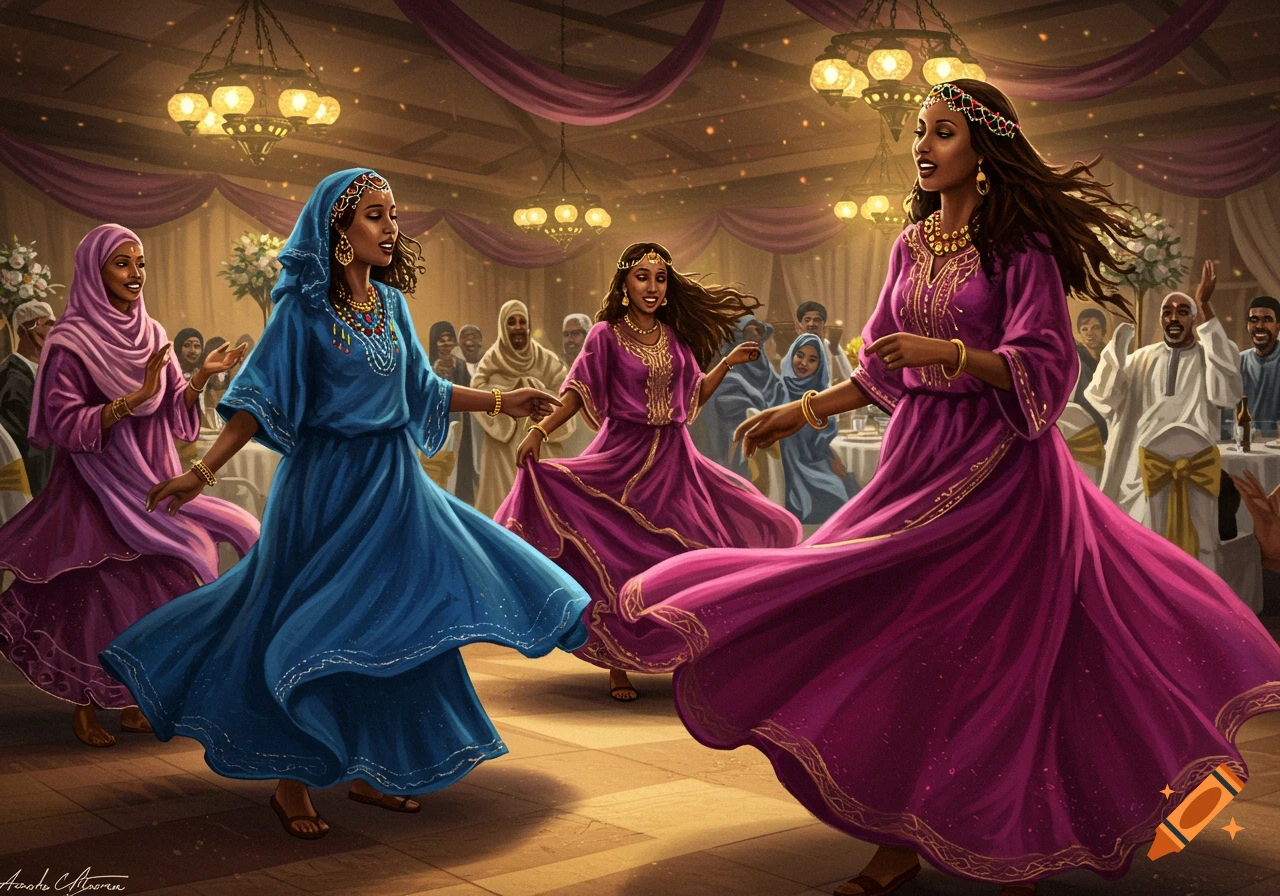 Illustrated painting of Somali women in colorful traditional dresses dancing gracefully at a wedding celebration.
