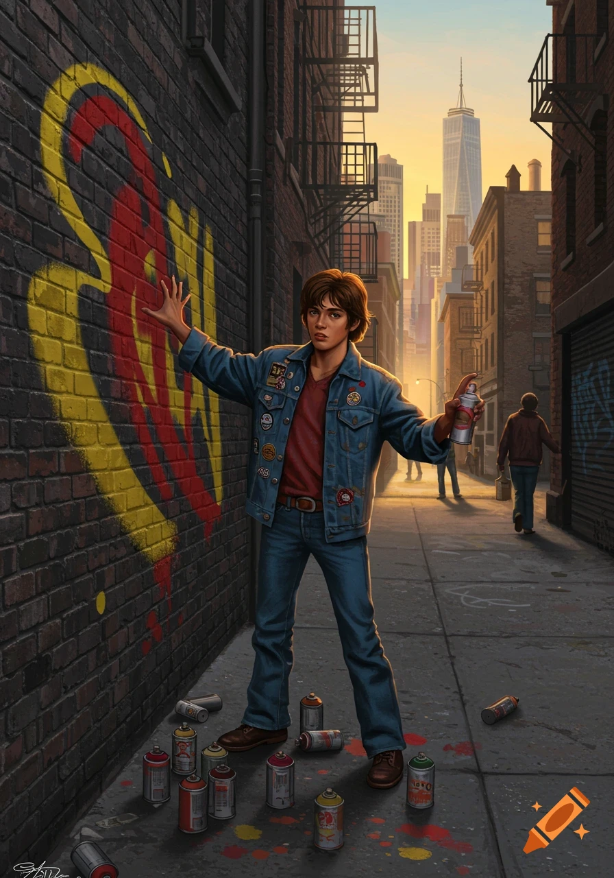 A young graffiti artist in a denim jacket paints yellow and red abstract shapes on a brick wall in a New York City alleyway at sunset.