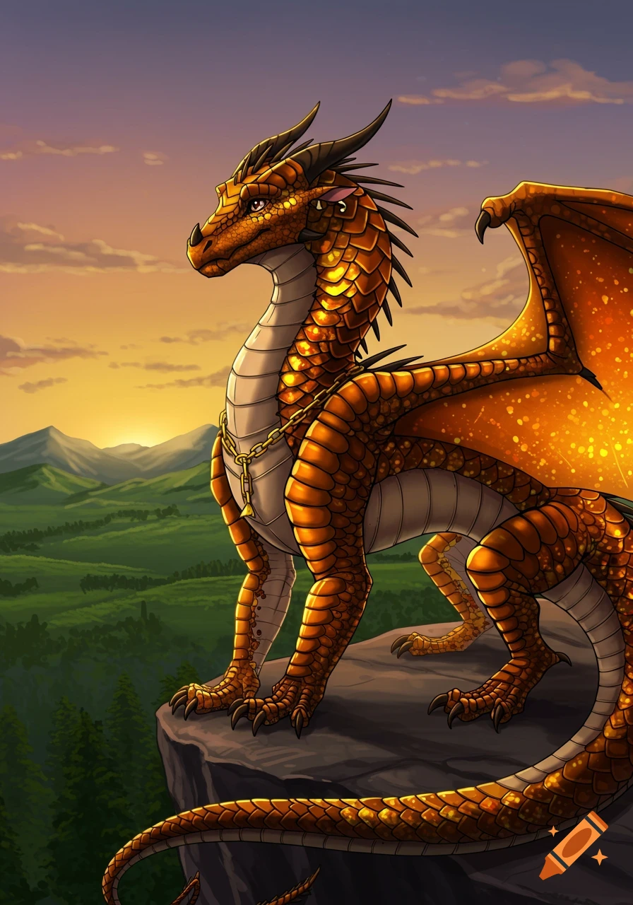 A golden-orange dragon with black splatters and a simple gold chain around its neck sits on a cliff overlooking a green mountain valley at sunset.