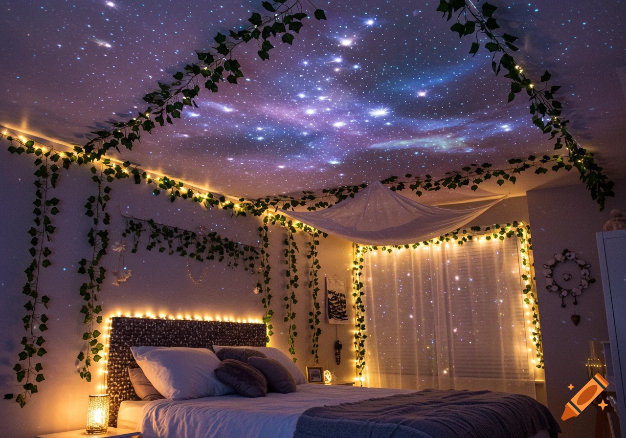 A cozy bedroom with a starry night sky projected on the ceiling, adorned with ivy vines and fairy lights, creating a magical ambiance.