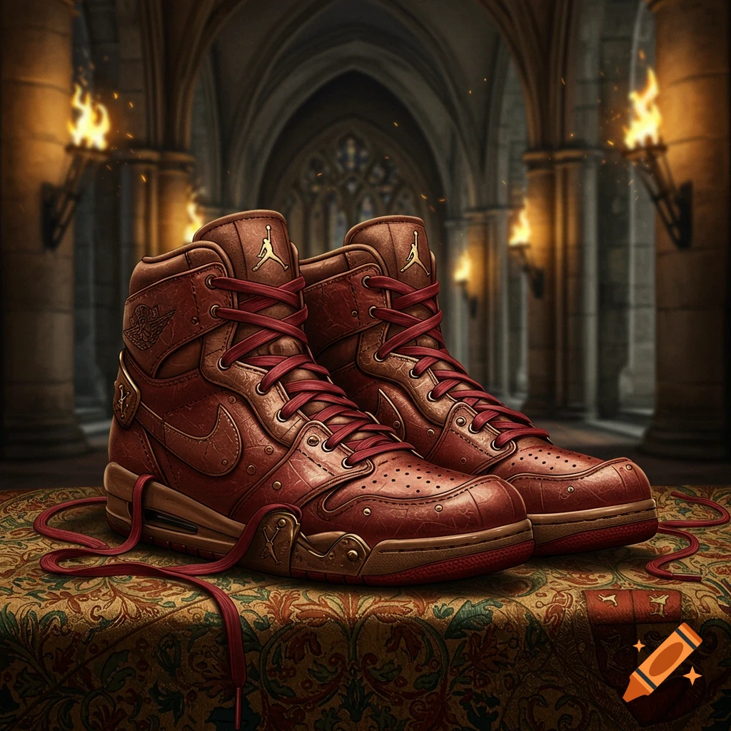 A pair of brown and red leather Jordan sneakers with brass accents sits on an ornate tapestry in a dimly lit medieval castle hall.