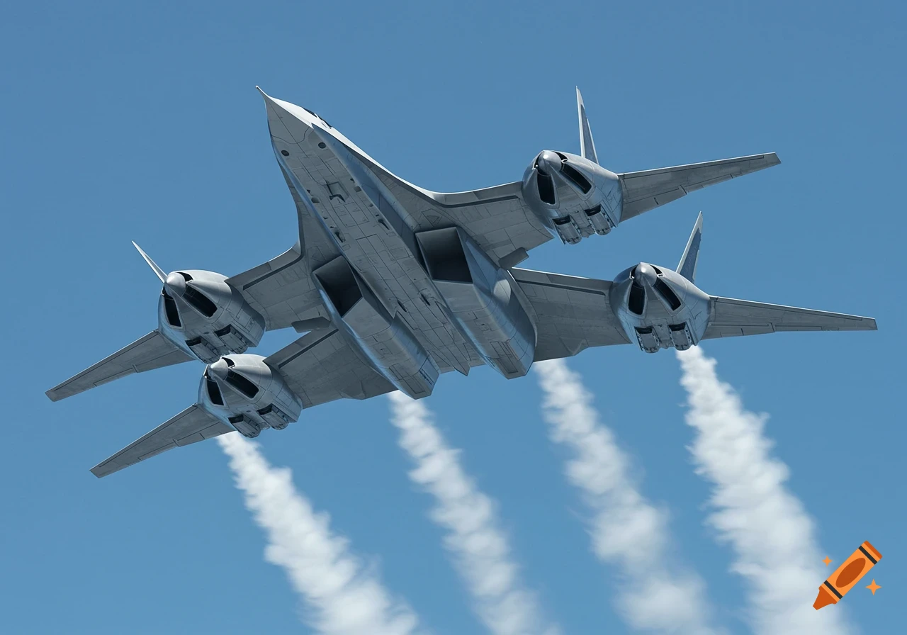 A photorealistic image of a futuristic, multi-fuselage prototype aircraft with four jet engines and contrails, viewed from below against a clear blue sky.