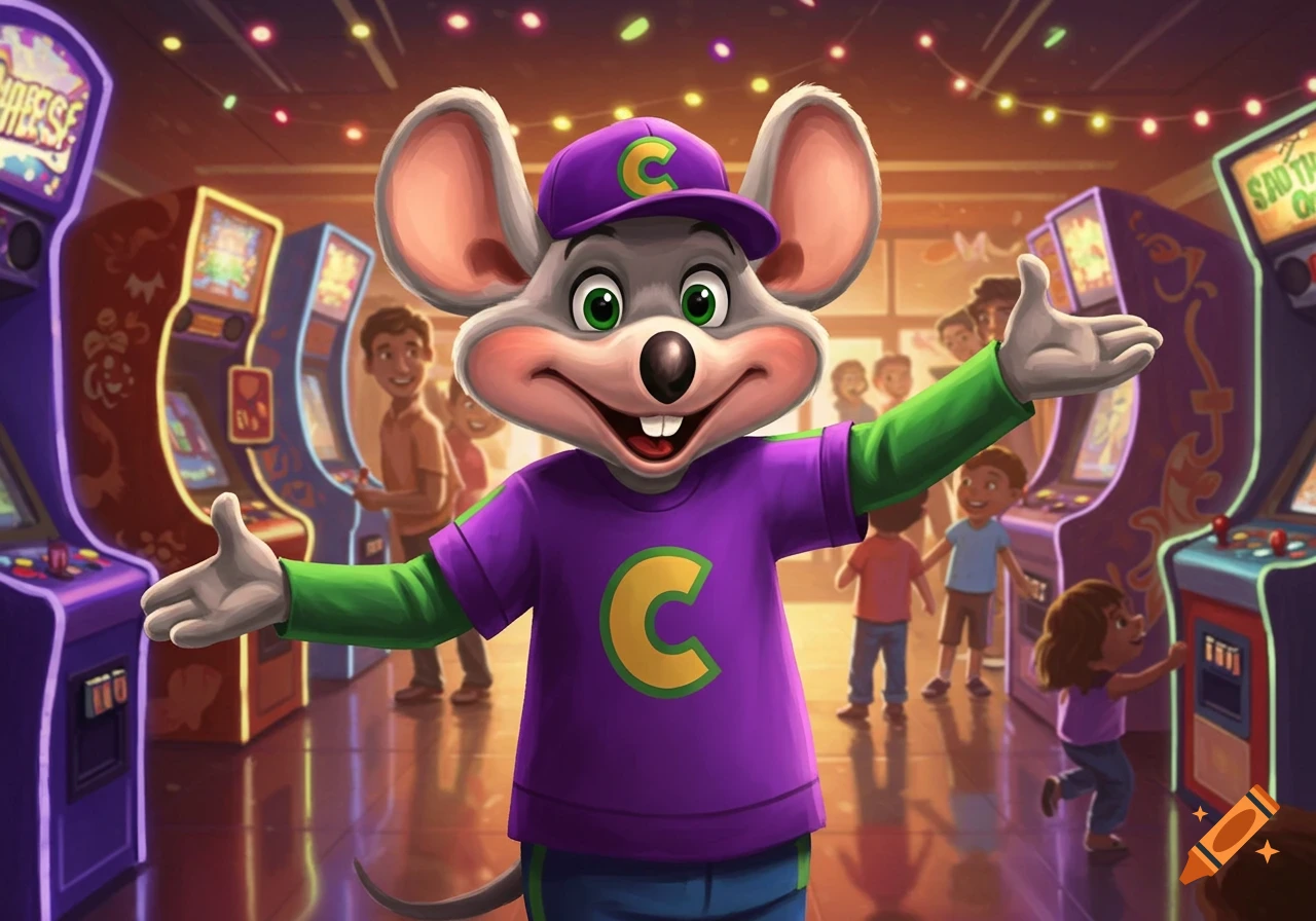 A cartoon mouse mascot, Chuck E. Cheese, stands with open arms in a brightly lit arcade with children and game machines.