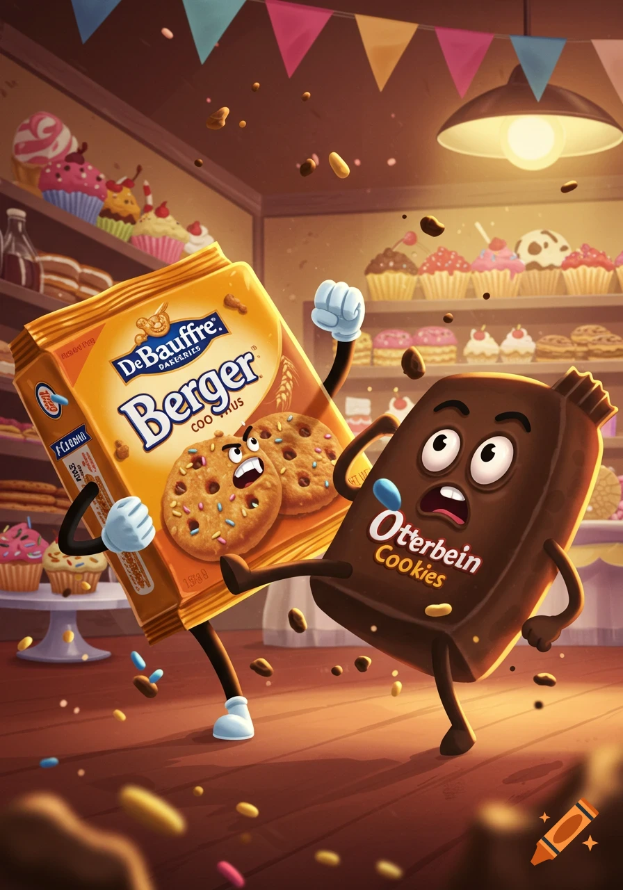 A cartoon cookie package kicks another cookie package in a bakery, with cookies and sprinkles falling.