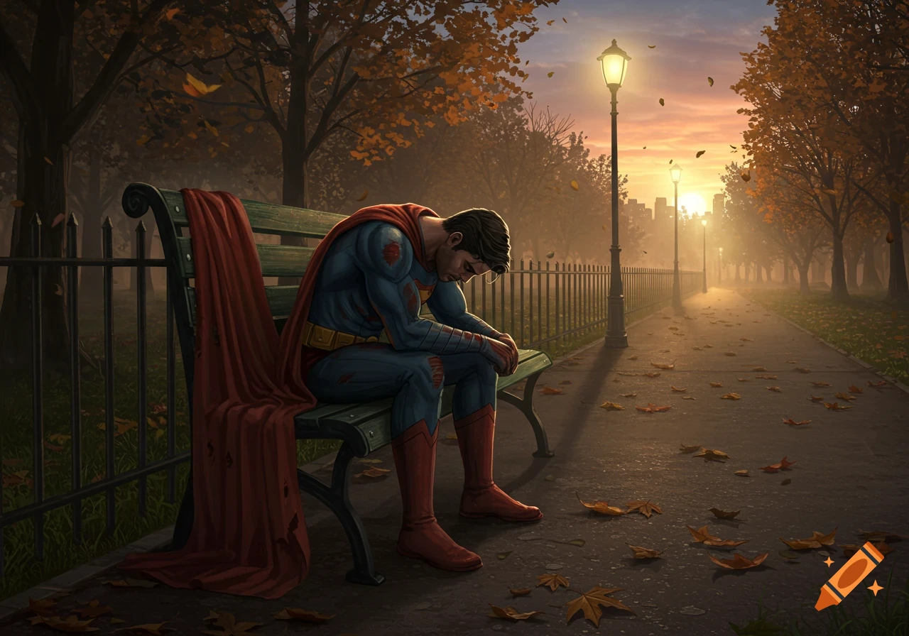 An exhausted Superman sits slumped on a park bench at sunset, his cape draped beside him, in a realistic style.