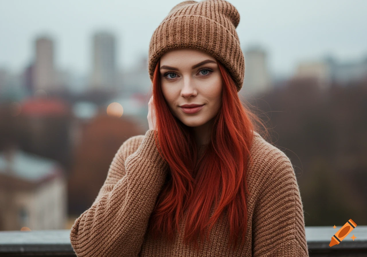 A woman with vibrant red hair and blue eyes, wearing a brown beanie and sweater, gazes forward in a photorealistic portrait.