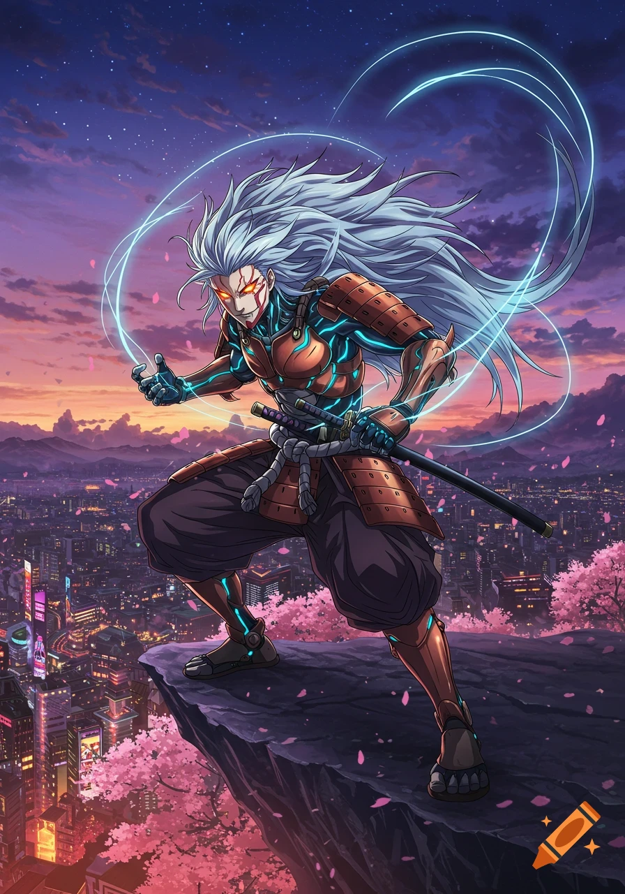 Anime warrior with white hair and glowing eyes in samurai armor stands on a cliff over a futuristic city with cherry blossoms at sunset, summoning energy.