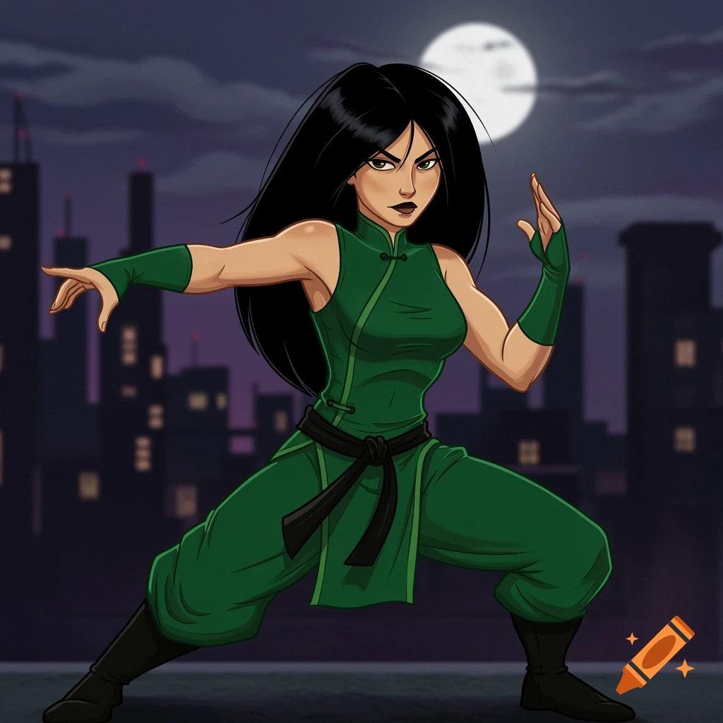 A cartoon woman with long black hair and a green martial arts outfit poses in a fighting stance on a city rooftop at night, with a full moon in the sky.