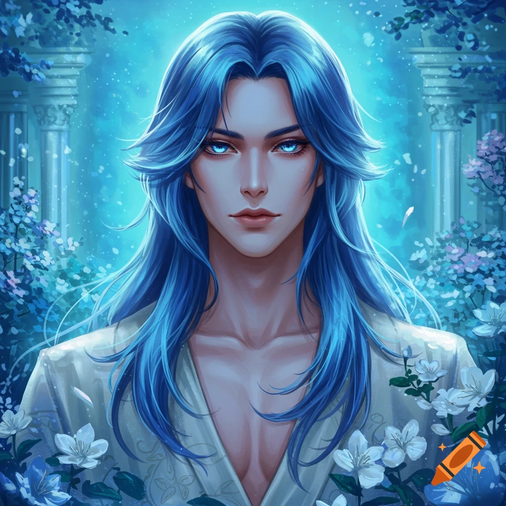 An ethereal anime-style male character with long blue hair and glowing blue eyes, wearing an open white robe, surrounded by glowing blue flowers and pillars.
