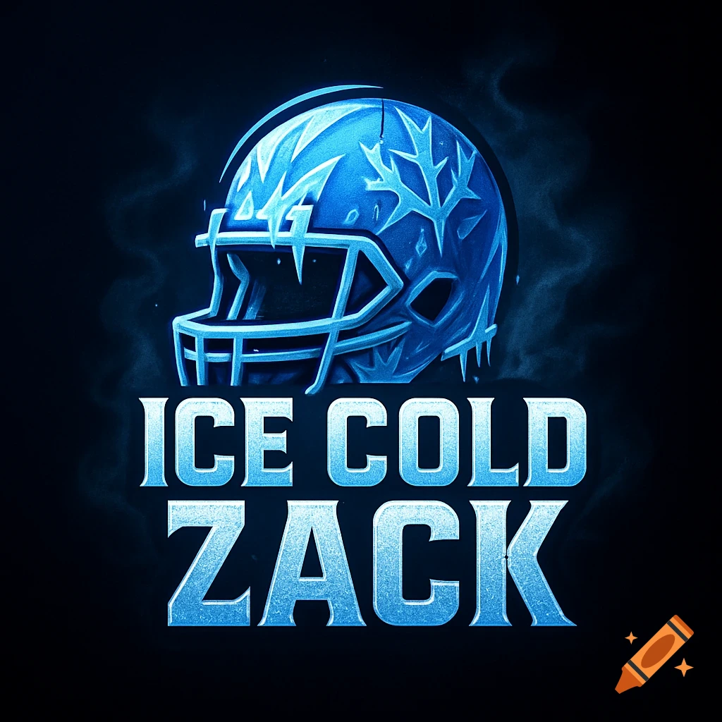 A stylized blue football helmet covered in ice and snowflakes, with the words 'ICE COLD ZACK' in icy blue text below it.