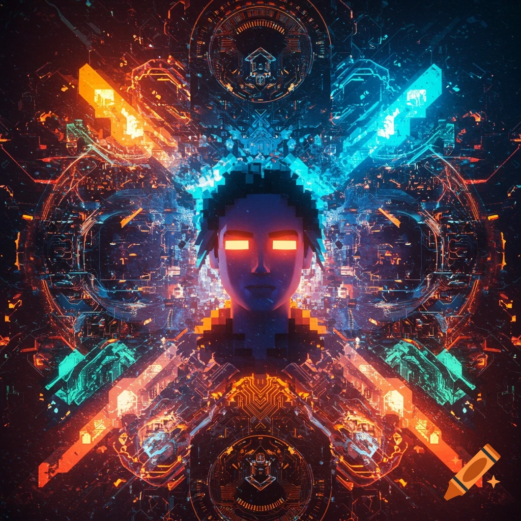 A pixelated person's head with glowing orange eyes, surrounded by vibrant blue and orange digital circuitry in a cyberpunk style.