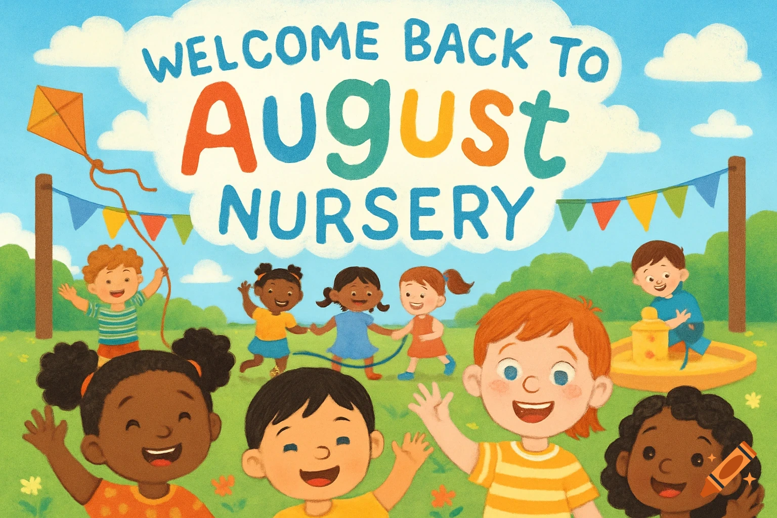 Colorful illustration of diverse children playing outdoors under a banner that reads "Welcome Back to August Nursery."