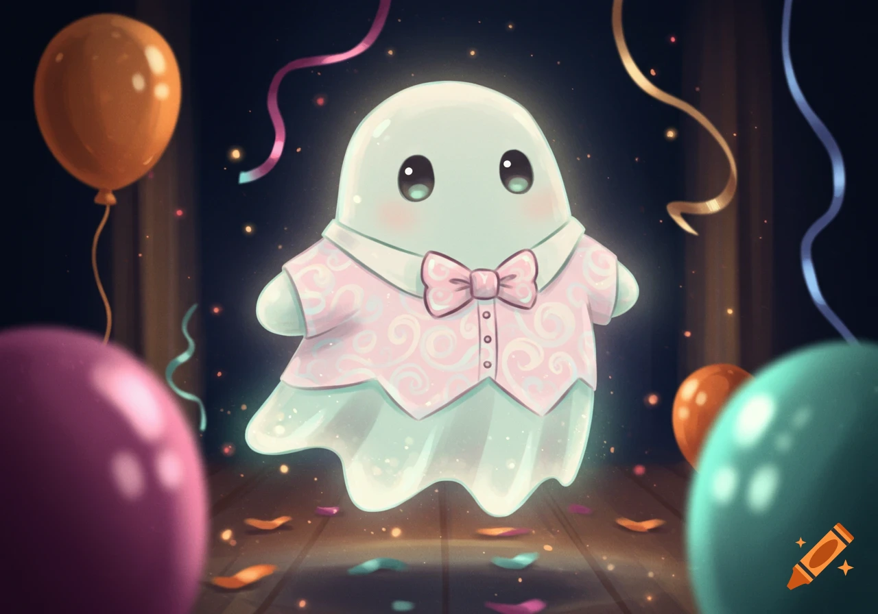 A cute cartoon ghost in a pink patterned shirt and bow tie floats amidst colorful balloons and confetti in a dimly lit party room.