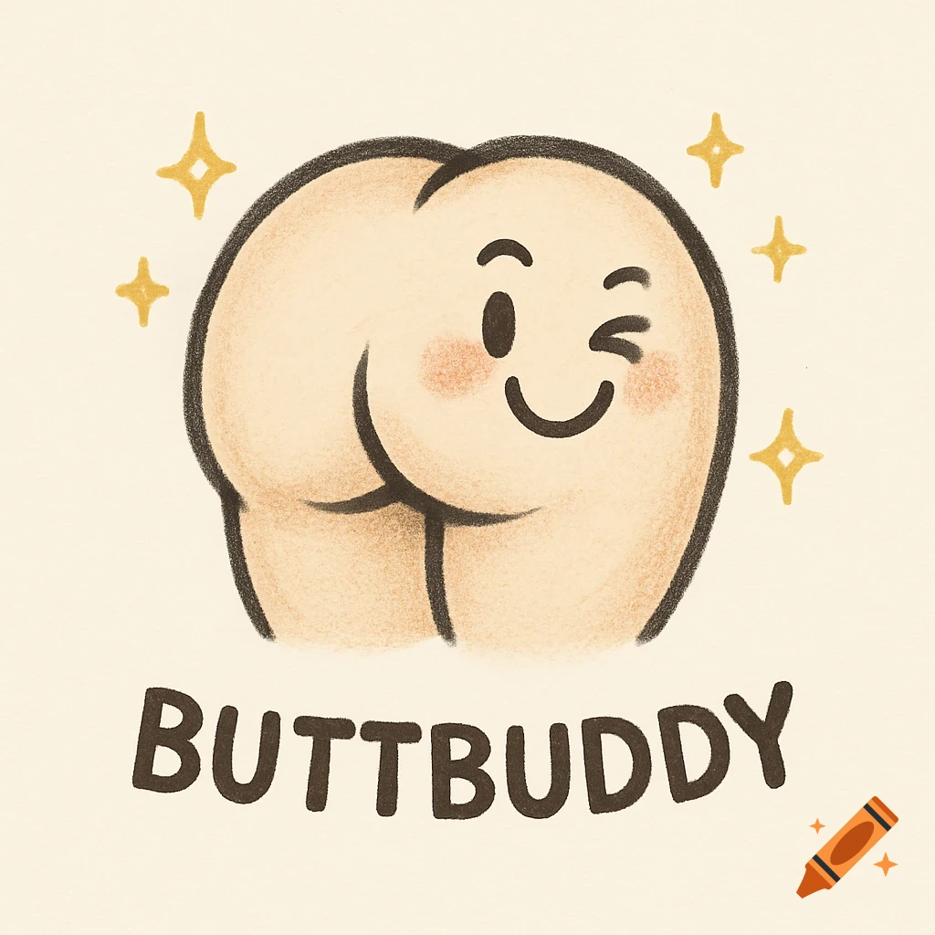 A playful, winking cartoon butt character with rosy cheeks and sparkles, with the text 'BUTTBUDDY' below, in a whimsical illustration style.
