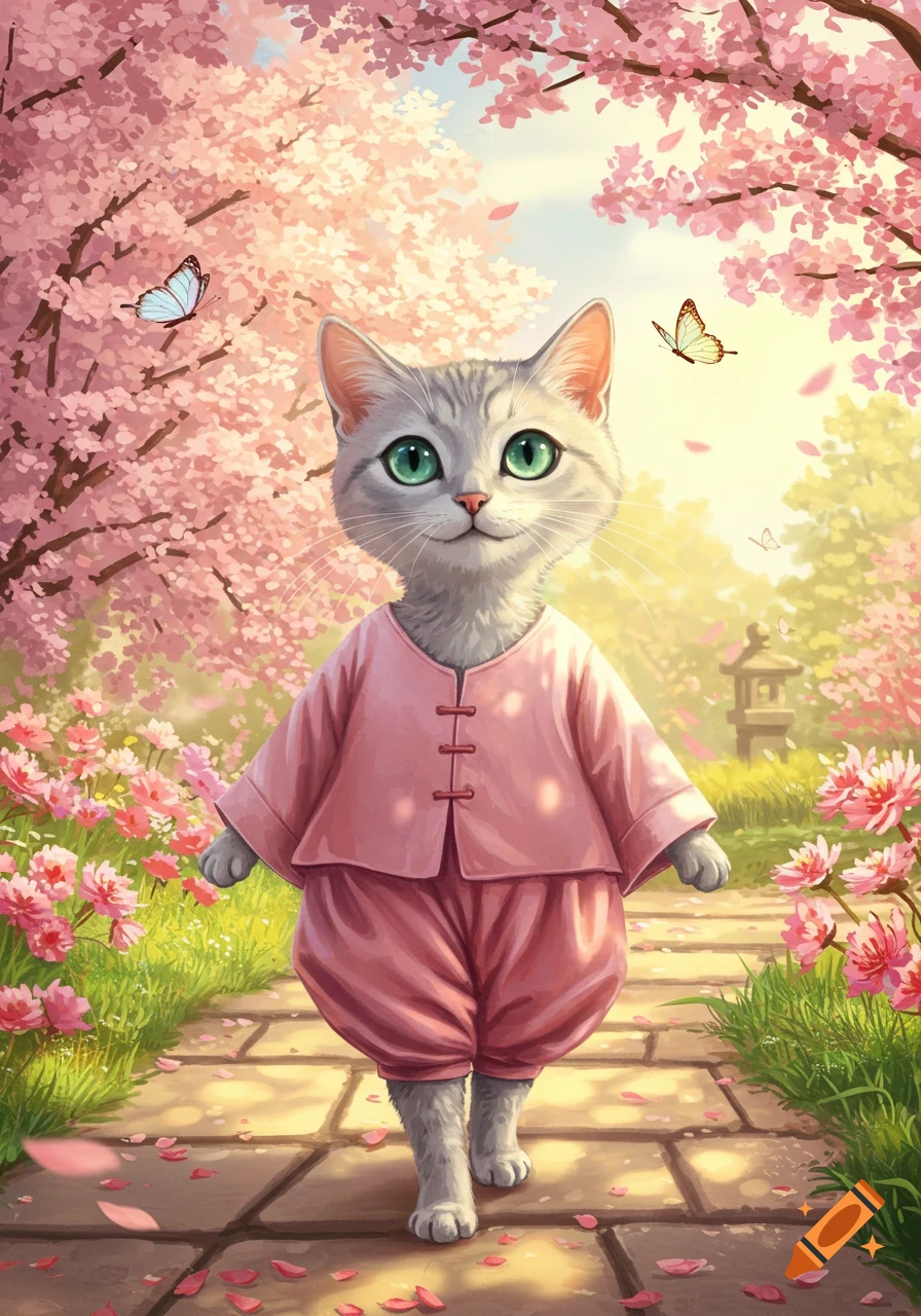 A cute gray cat with green eyes wears a pink outfit and walks on a stone path surrounded by pink cherry blossoms and butterflies.