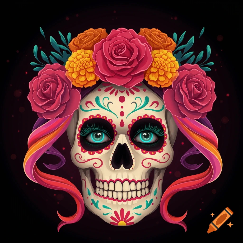 A colorful, stylized Day of the Dead sugar skull with vibrant flowers and ribbons against a dark background.