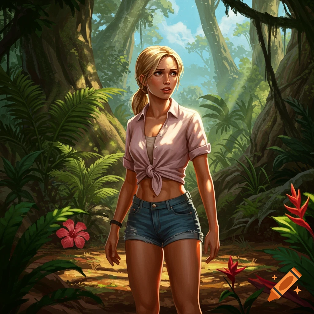 A blonde woman in a tied pink shirt and jean shorts stands in a sunny jungle, looking right with a concerned expression.