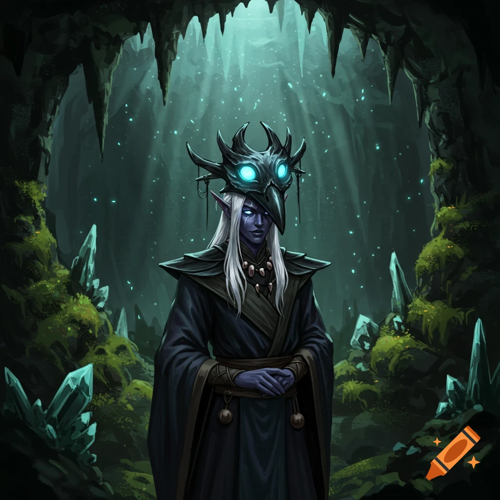 A drow character with white hair and a glowing blue crow mask stands in a mystical, mossy cave with blue crystals and light shafts.