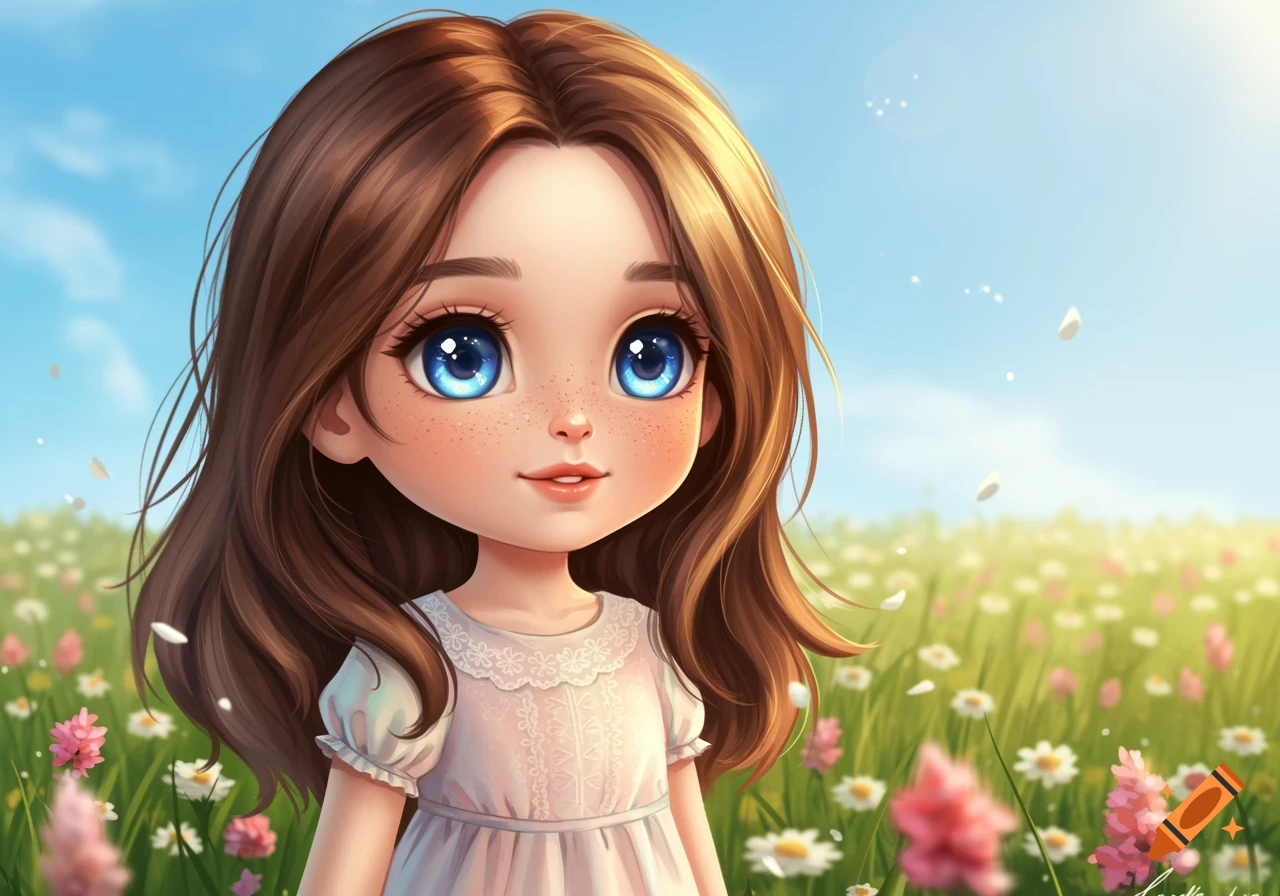 A cute anime girl with long brown hair and big blue eyes smiles in a sunny flower field.
