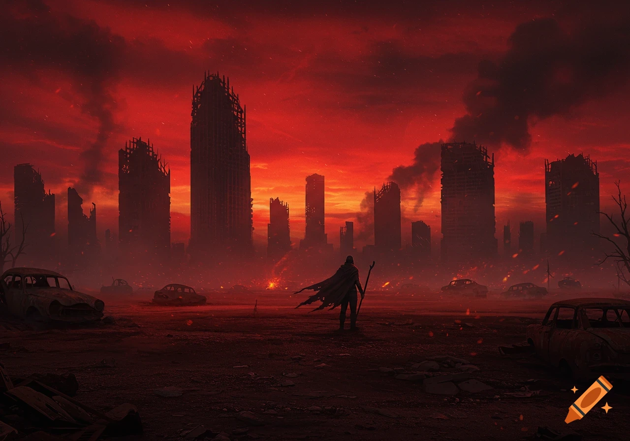 A lone figure stands in a desolate, ruined city under a fiery red apocalyptic sky with burning debris.