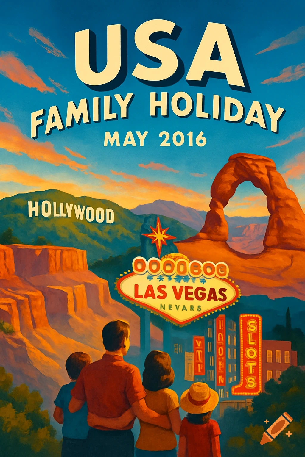 A vintage travel poster style illustration shows a family looking at a landscape with the Hollywood sign, Las Vegas, and Delicate Arch. The poster advertises "USA Family Holiday May 2016".