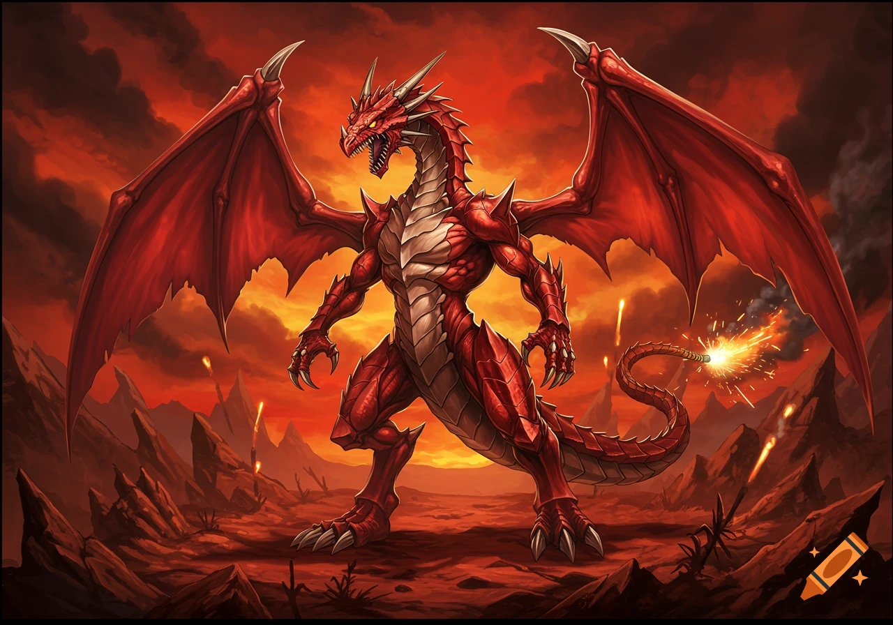 A muscular red dragon with a lit fuse for a tail stands in a fiery, rocky landscape, in the style of Yu-Gi-Oh art.