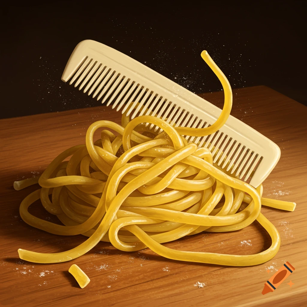 A beige comb tangled in a pile of yellow fettuccine pasta on a wooden table, in a digital painting style.